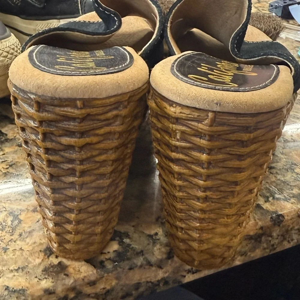 Vintage Californians Black Suede Wedge Sandals Woven Heel NWOT Size 7